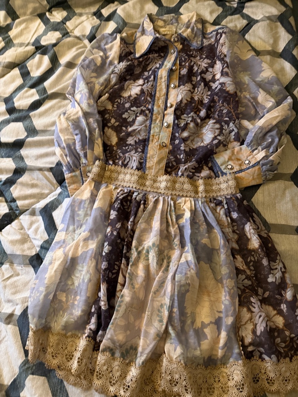 Floral Mixed-Print Button-Up blouse and skirt with Lace Trim